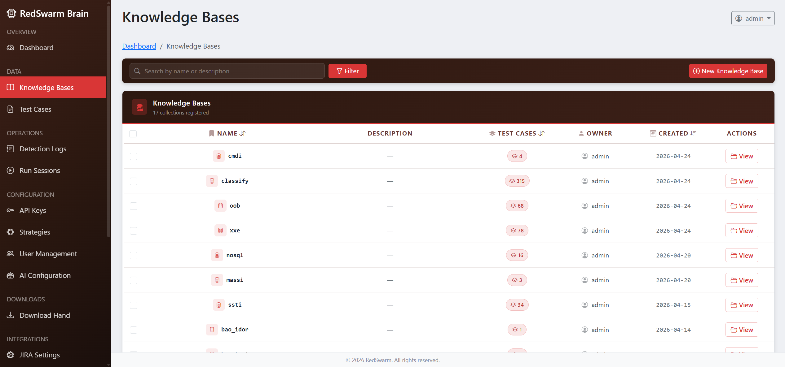 Knowledge Base — RedSwarm platform screenshot