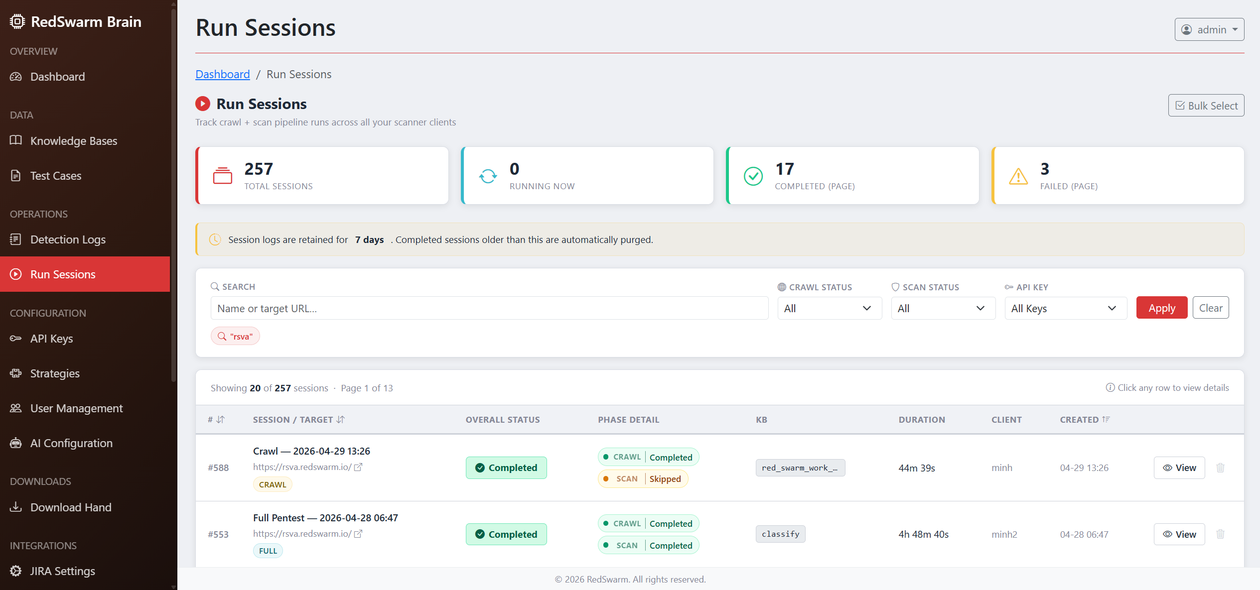 Scan Sessions — RedSwarm platform screenshot